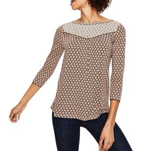 Boden Natasha Pink Brown Star Print Crochet Trimmed Jersey Knit Top - 6